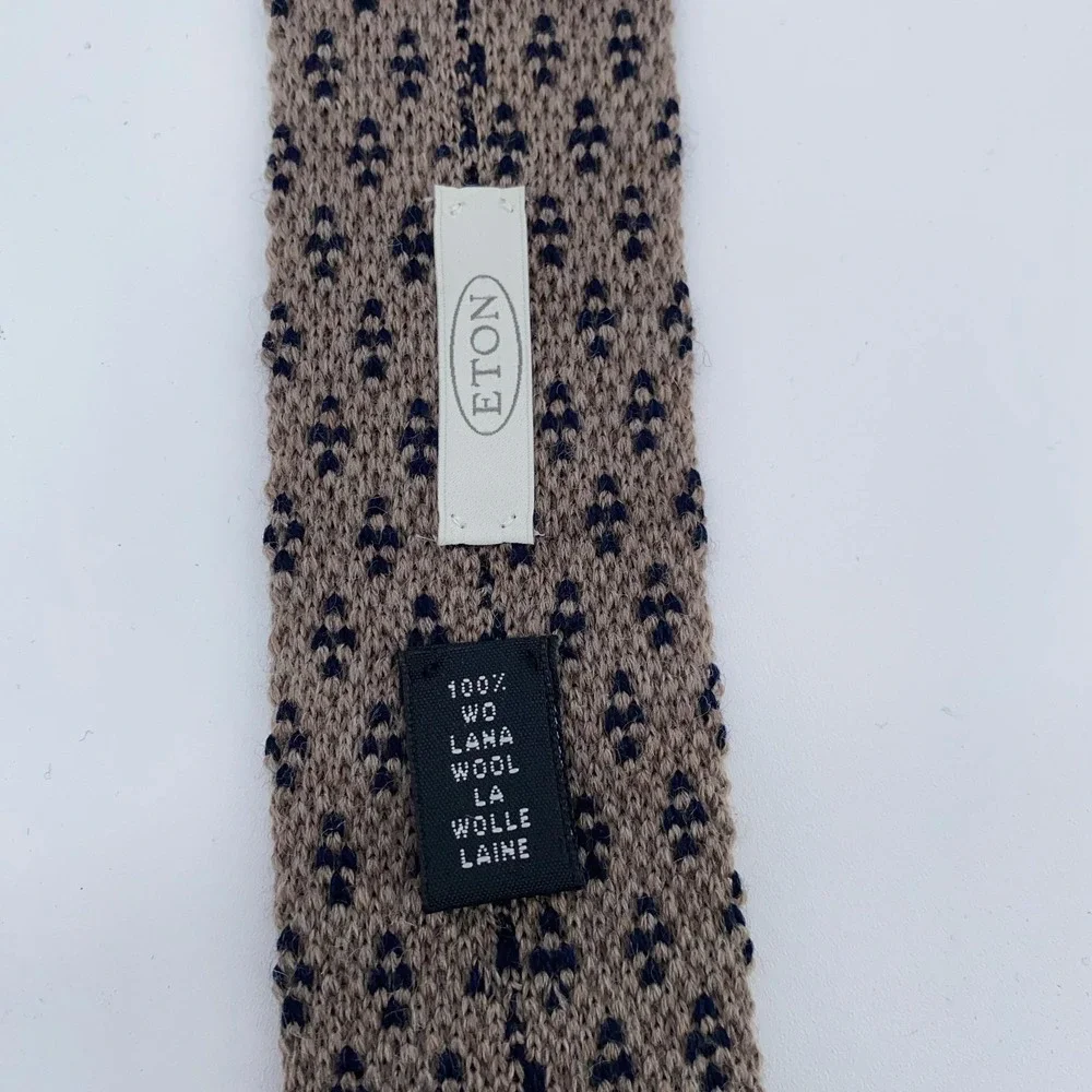 Eton Tie Mens Brown Navy Skinny Knit 100% Wool Textured Pattern Necktie Dress